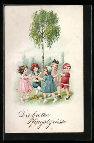 AK Pfingstgrüsse, Kinder tanzen unter einer Birke