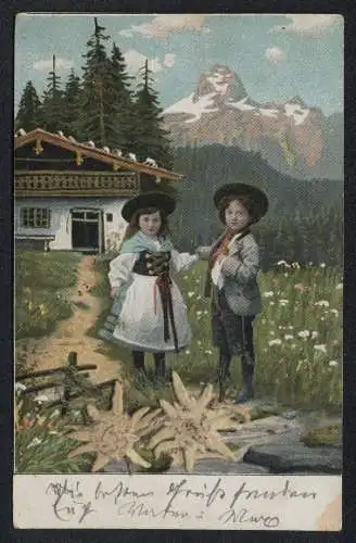 Trockenblumen-AK Berglandschaft mit echtem getrocknetem Edelweiss und Kindern in Tracht