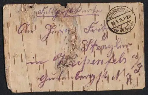 Holz-AK Feldpostkarte aus Birkenrinde, 1. Weltkrieg