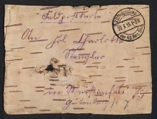 Holz-AK Feldpostkarte aus Birkenrinde