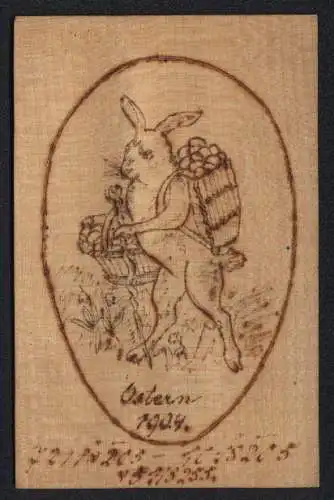 Holz-AK Osterhase mit Eierkorb, Ostern 1904