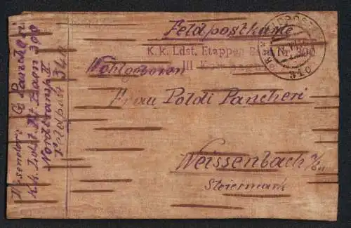 Holz-AK Birkenrinden-Feldpost aus dem 1. Weltkrieg