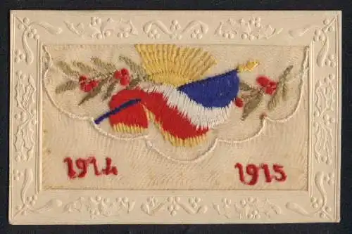 Seidenstick-AK Französische Flagge und die Jahreszahlen 1914 und 1915