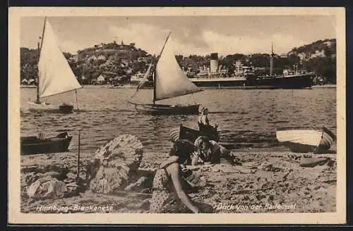 AK Hamburg-Blankenese, Blick von der Badeinsel mit Dampfer