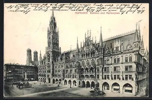 AK München, Rathaus und Marienplatz mit Denkmal