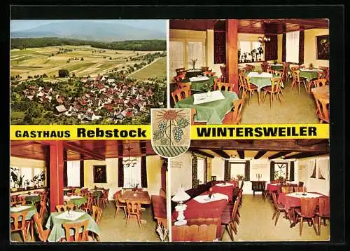 AK Wintersweiler /Baden-Württemberg, Gasthaus-Pension Rebstock Fam. Mohme, Gesamtansicht aus der Vogelschau, Wappen