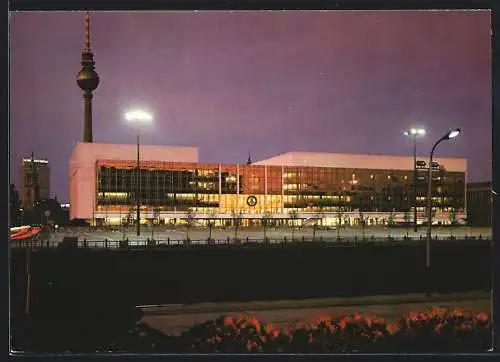 AK Berlin, Palast der Republik und Fernsehturm bei Nacht