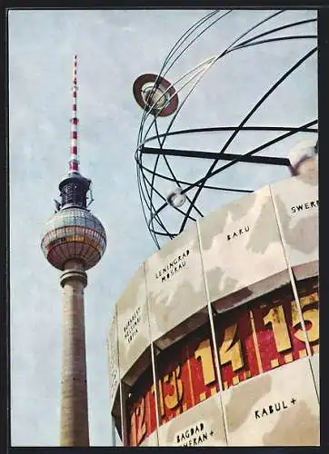 AK Berlin, Urania-Säule mit Weltzeituhr, Fernseh- und Ukw-Turm der Deutschen Post