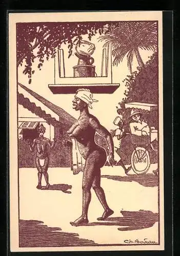 Künstler-AK La toillette est bien portee, nackte Afrikanerin auf der Strasse