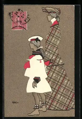 Künstler-AK sign.Máté: Mutter mit ihrer Tochter auf einem Spaziergang, Jugendstil