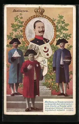 AK Halle /Saale, Portrait von Kaiser Wilhelm I., Halloren, Abordnung zur Neujahrsgratulation