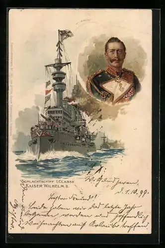 Künstler-AK Schlachtschiff I. Classe Kaiser Wilhelm II.