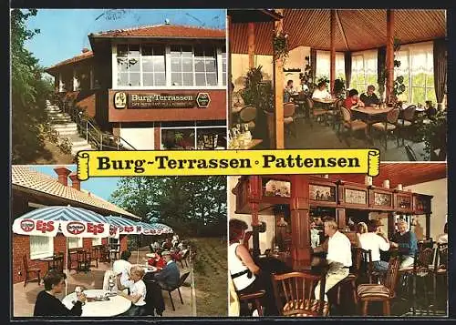 AK Pattensen / Leine, Café Restaurant Burg Terrassen, Bes. Fam. Lessing, Aussen- und Innenansichten