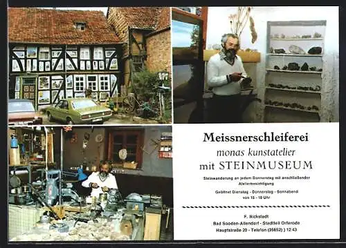 AK Bad Sooden-Allendorf-Orferode, Meissnerschleiferei Monas Kunstatelier mit Steinmuseum, Hauptstrasse 20