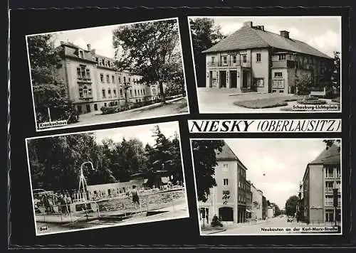 AK Niesky /Oberlausitz, Krankenhaus, Schauburg-Kino, Freibad, Karl-Marx-Strasse