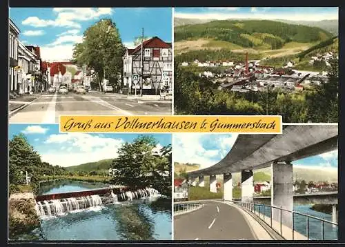 AK Vollmerhausen b. Gummersbach, Fluss mit Wehr, Strassenpartie und Gesamtansicht