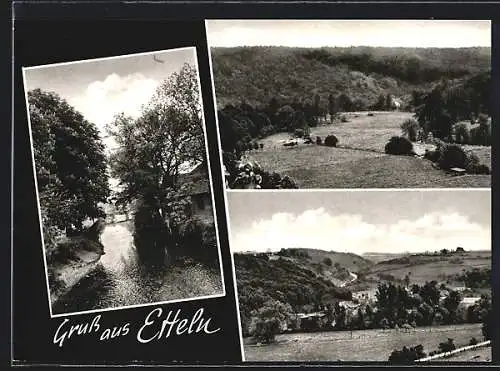 AK Etteln, Gasthaus und Café Zur Post, Bes. Th. Tölle, Fluss mit Brücke und Ortsansicht