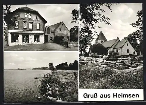 AK Heimsen, Friedrich Plenge, Dorffriedhof und Kirche, Blick aufs Wasser