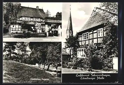 AK Schneverdingen, Gasthaus Landhaus Höpen, Heideblüten-Festplatz, Blick zur Kirche