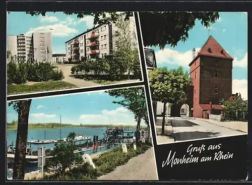 AK Monheim am Rhein, Fluss mit Dampfern und Hochhausbauten