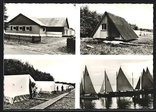 AK Mardorf /Steinhuder Meer, Ferienlager der Sportjugend Berlin, Zeltlager und Segler auf dem Wasser