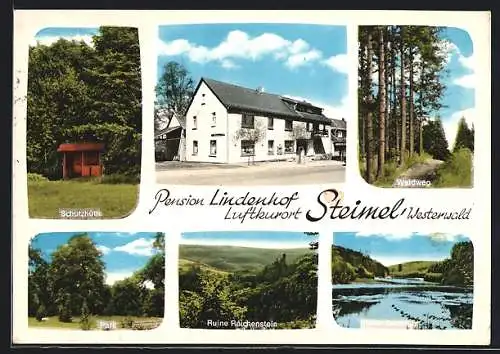 AK Steimel, Gasthof & Pension Lindenhof von O. Oettgen, Schutzhütte, Waldweg, Park, Ruine Reichenstein & Richardsweiher