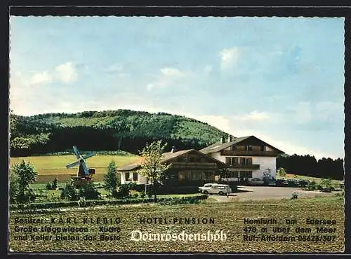 AK Hemfurth am Edersee, Hotel Pension Dornröschenhöh, Bes. Karl Klebig, Aussenansicht mit Windmühle