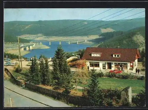 AK Schulenberg, Blick auf die Okertalsperre mit dem Café-Restaurant Bergklause, Inh. Alfred Benecke