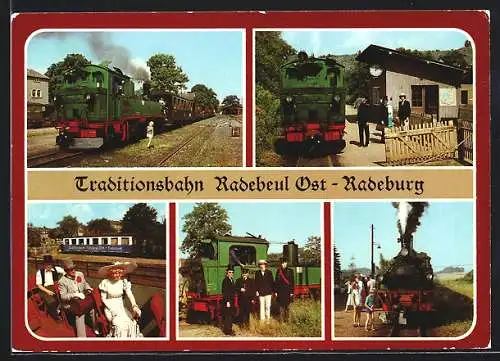 AK Radebeul /Dresden, Traditionsbahn, Haltepunkt Weisses Ross, Fahrgäste im Aussichtswagen, Lok mit Zugpersonal