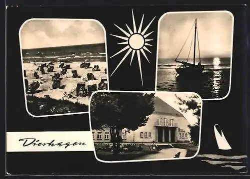 AK Dierhagen, Strandpartie, Gemeindehaus, Segelboot im Sonnenuntergang