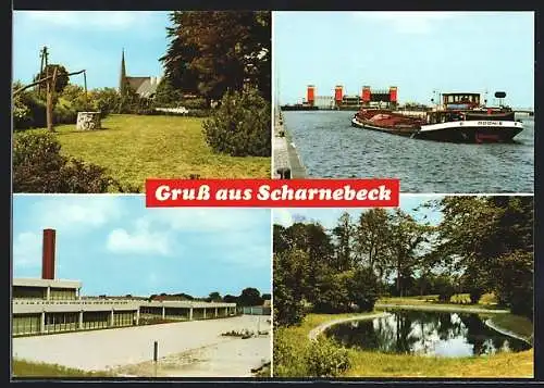 AK Scharnebeck, Brunnen mit Blick nach der Kirche, Lastkahn Adonis, Partie am Teich