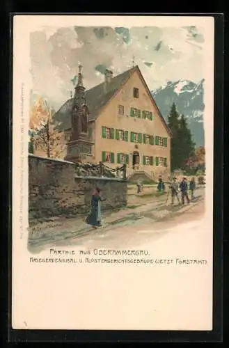 Künstler-AK Zeno Diemer: Oberammergau, Kriegerdenkmal und Klostergerichtsgebäude jetzt Forstamt