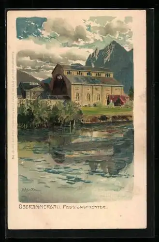 Künstler-Lithographie Zeno Diemer: Oberammergau, Blick zum Passionstheater