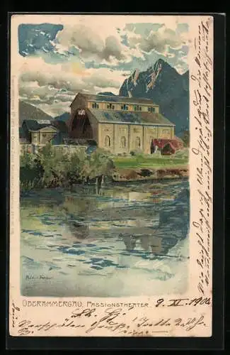 Künstler-Lithographie Zeno Diemer: Oberammergau, Passionstheater