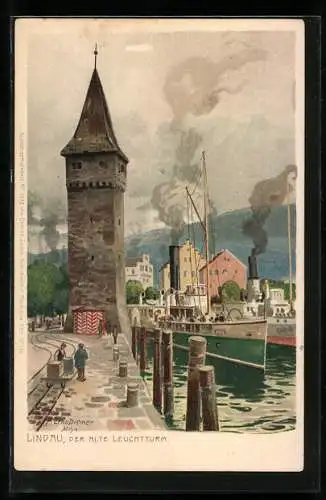 Künstler-AK Zeno Diemer: Lindau / Bodensee, Der alte Leuchtturm, Dampfer