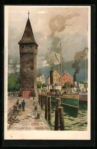 Künstler-AK Zeno Diemer: Lindau / Bodensee, Der alte Leuchtturm, Dampfer