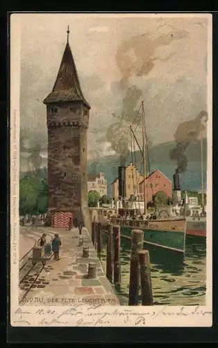 Künstler-AK Zeno Diemer: Lindau / Bodensee, Der alte Leuchtturm, Dampfer