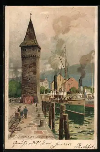 Künstler-AK Zeno Diemer: Lindau / Bodensee, Der alte Leuchtturm, Dampfer