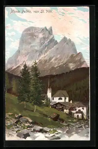 Künstler-AK Zeno Diemer: San Vito di Cadore, Monte Pelmo, Bergdorf vor schroffem Gipfel