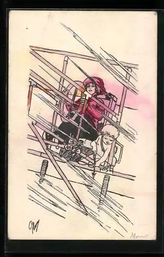 Künstler-AK Plum: Frau fliegt mit Amor im Flugzeug