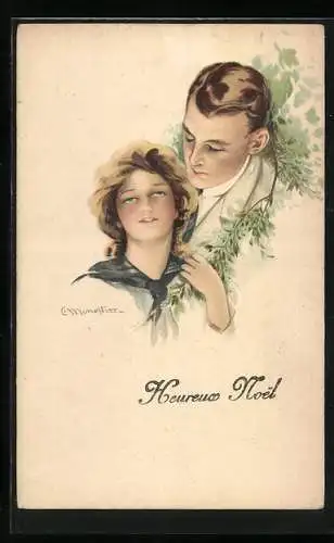 Künstler-AK C. Monestier: Liebespaar unter einem grünen Zweig