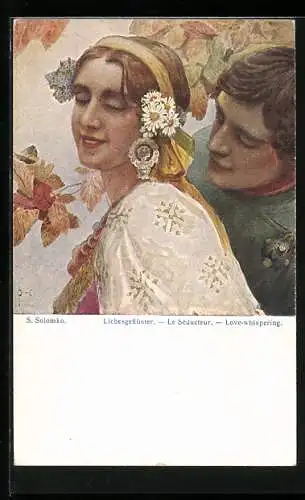 Künstler-AK S. Solomko: Liebesgeflüster, Paar unterm Herbstlaub