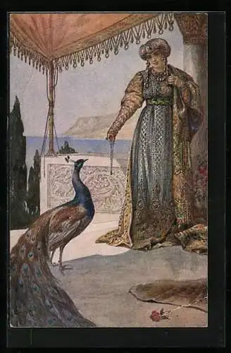 Künstler-AK S. Solomko: Junge Frau mit Pfau, Femme avec paon