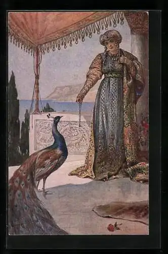 Künstler-AK S. Solomko: Junge Frau mit Pfau, Femme avec paon