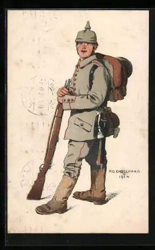 Künstler-AK P. O. Engelhard (P.O.E.): ERlangen, Soldat der Garnison Erlangen mit Pickelhaube