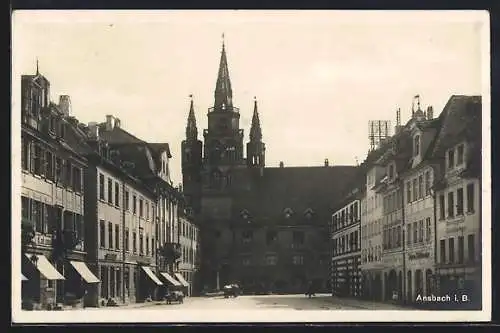 AK Ansbach / Bayern, Geschäftsgebäude, Kirche und Hof-Apotheke