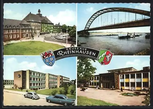 AK Rheinhausen / Rhein, Hallenbad, Hochhausbauten und Brücke mit Dampfer