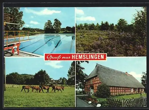 AK Hemslingen, Ortsansichten, Schwimmbad, Weide mit Pferden, Bauernhaus
