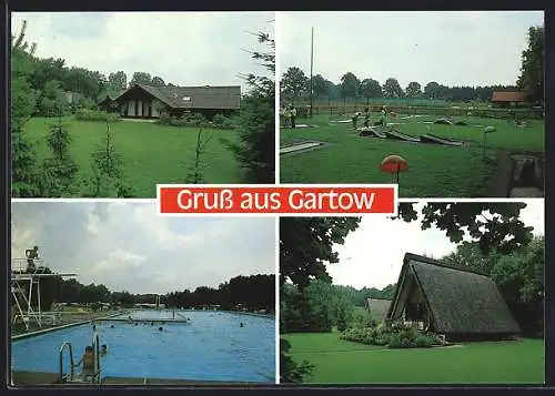 AK Gartow / Elbe, Minigolfanlage, Badespass im Waldbad, Ferienhütte