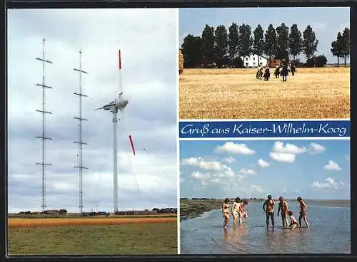 AK Kaiser-Wilhelm-Koog /Nordsee, Windrad, Feld mit Reitern, Besucher beim Baden